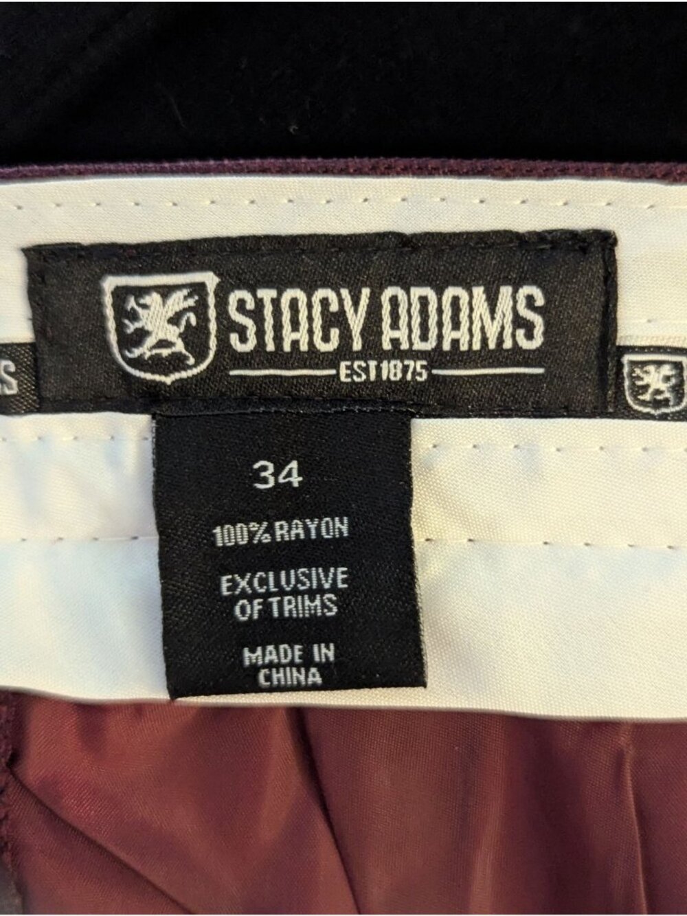Stacy Adams Mens Maroon Dress Pants Size 34 100% Rayon Flat Front Tailored Fit - Picture 6 of 6